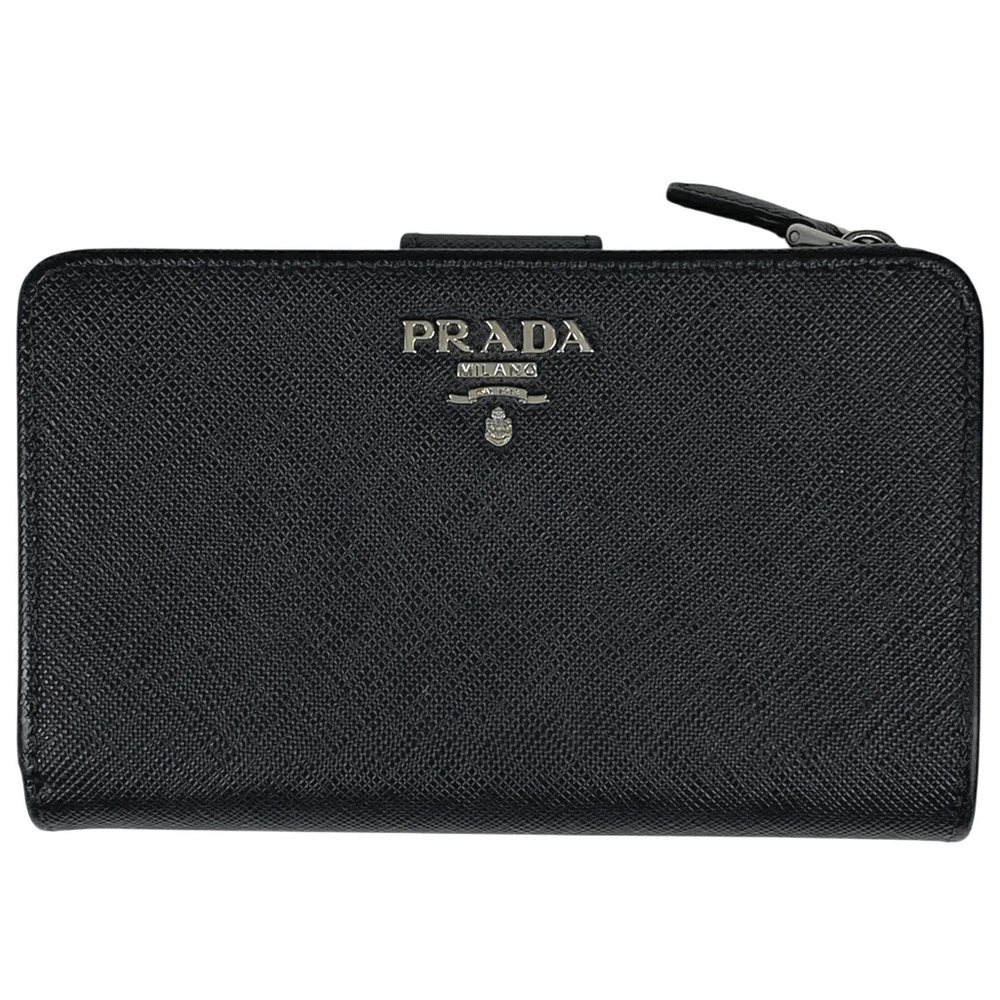 Prada Bi fold Wallet Round Zipper Saffiano Leather Nero Black